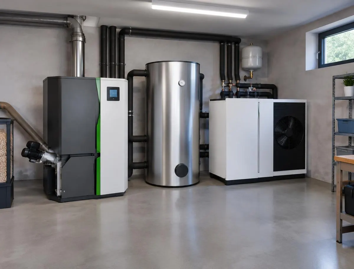 Pelletkessel, Pufferspeicher und Wärmepumpe in einem Technikraum