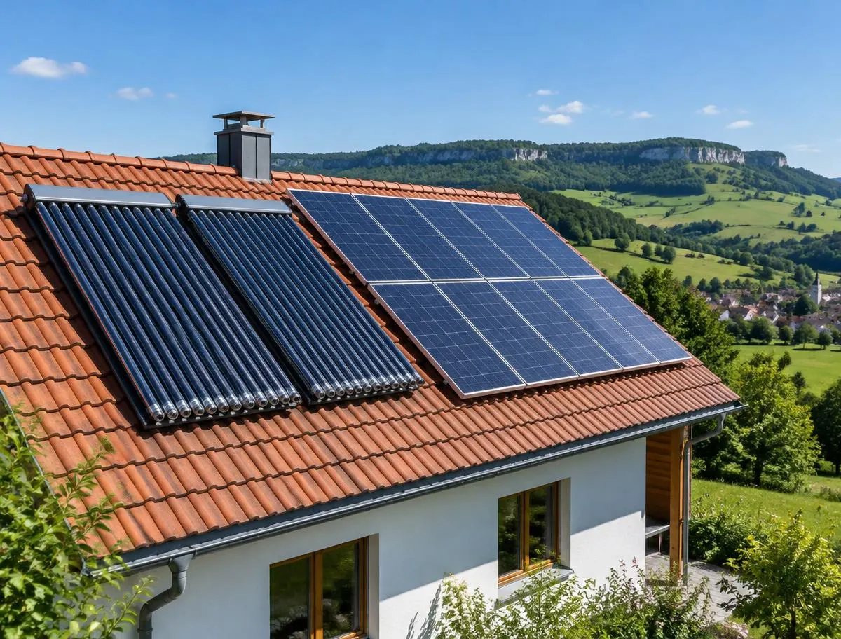 Solarthermie-Kollektoren und Photovoltaikmodule auf einem Ziegeldach